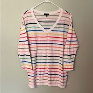 Talbots Colorful Striped V-Neck Sweater light weight 3/4 length sleeves